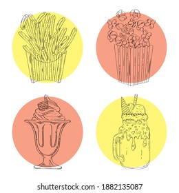 bundle of four fast food set drawn icons vector illustration design