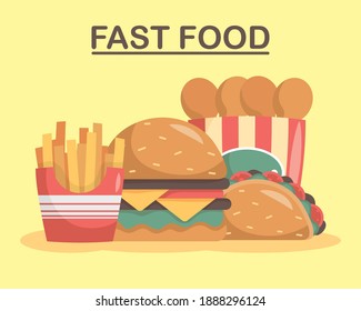 bundle of four fast food set icons and lettering vector illustration design
