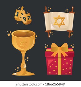 bundle of four hanukkah set icons in black background vector illustration design