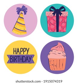 bundle of four happy birthday letterings and icons vector illustration design