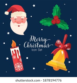 bundle of four happy merry christmas icons and lettering vector illustration design