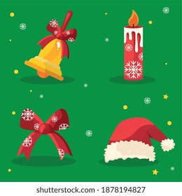 Paket mit vier fröhlichen Weihnachtsbildern auf rotem Hintergrund, Vektorgrafik-Design