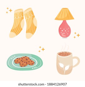 bundle of four hygge style set icons vector illustration design