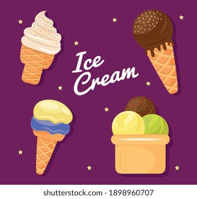 bundle of four ice creams set icons and lettering vector illustration design