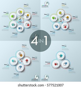 Bundle of four infographic design layouts, flower petal diagrams with 3, 4, 5, 6 circular elements, thin line icons, arrows, text boxes. Retail business cycle steps concept. Vector illustration.