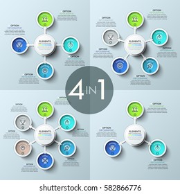 Bundle of four infographic design layouts. Flower petal diagrams with 3, 4, 5, 6 round elements, arrows, pictograms and text boxes. Strategic steps concept. Vector illustration for report, website.