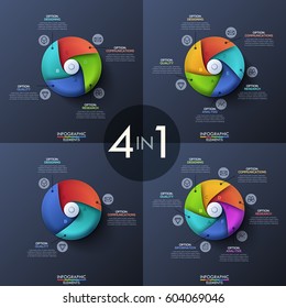 Bundle of four infographic design templates, circular diagrams with 3, 4, 5 and 6 spiral elements, start button in center, icons and text boxes. Features of technology concept. Vector illustration.