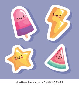 bundle of four kawaii stickers characters vector illustration design