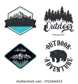 bundle of four outdoor adventure letterings emblems with bear and mountains vector illustration design