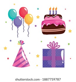bundle of four party birthday celebration icons vector illustration design