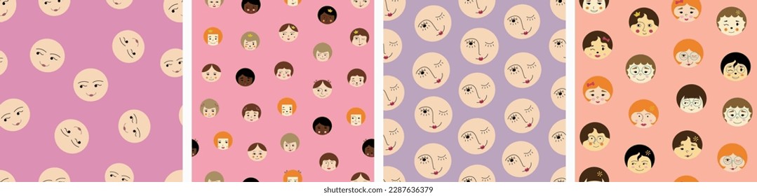 Bundle of four patterns, beautiful girlish faces. Repeating texture, swatch collection, woman countenance, colored seamless background
