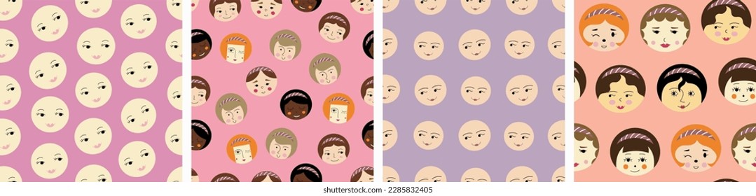 Bundle of four patterns, comely girlish faces. Seamless backdrop, girl guise, vector illustration in simple flat style
