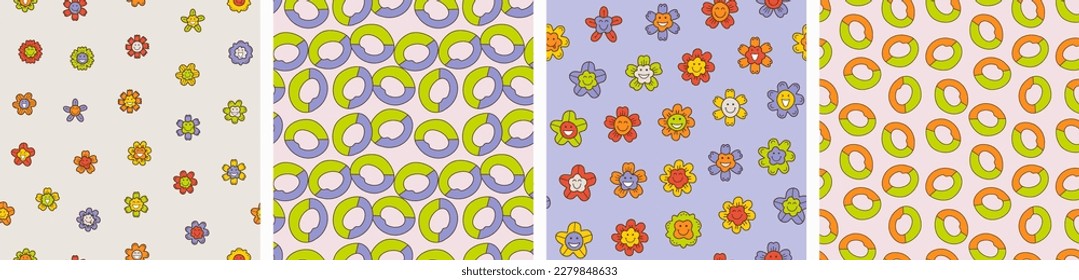 Bundle of four patterns, optimistic flowers. Creative seamless backdrop, blooming, stylish repeating design

