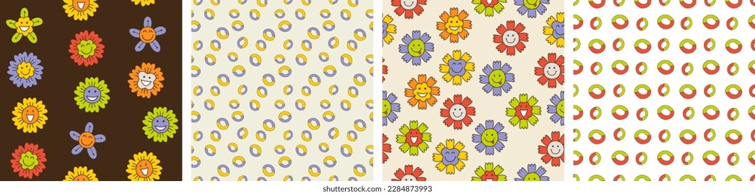 Bundle of four patterns, positive flowers. Repeating texture, swatch collection, children floral concept, colored seamless background
