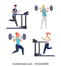 bundle of four persons practicing fitness sports characters vector illustration design