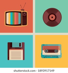 Bundle Of Four Retro Devices Set Icons Vector Illustration Design