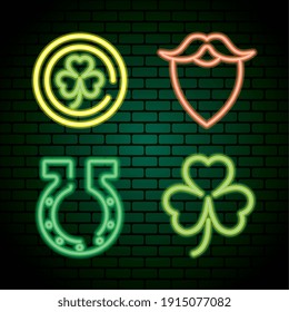 bundle of four saint patricks day neon lights in green wall vector illustration design
