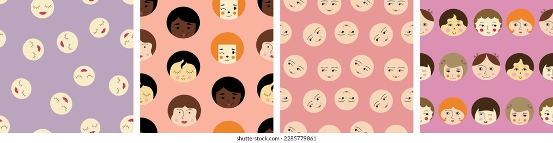 Bundle of four seamless patterns, beautiful girlish faces. Repeatable backdrop, female look, funny girl visage.