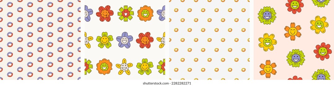 Bundle of four seamless patterns, joyful flowers. Drawn repeatable backdrop, summer clipart, for wrapping paper, textile, branding
