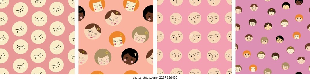 Bundle of four seamless patterns, pleasant girlish faces. Various endless backgrounds, girl countenance, simple design for branding, fabric
