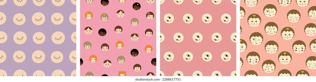 Bundle of four seamless patterns, pleasant girlish faces. For wrapping paper, textile, branding, woman portrait, bright repeatable background
