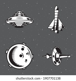 conjunto de cuatro parches de espacio ajustar iconos en el diseño de ilustración vectorial de fondo gris