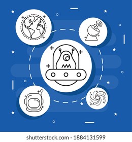 bundle of four space set line style icons vector illustration design