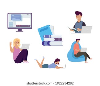 Bundle Of Four Students With Laptops And Icons Education Online Vector Illustration Design