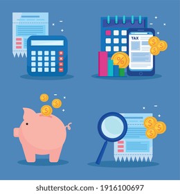 bundle of four tax day icons vector illustration design