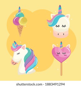 bundle of four unicorn set icons vector illustration design