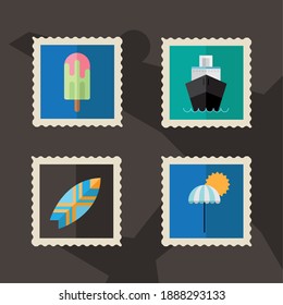 bundle of four vacations stamps icons vector illustration design