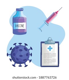bundle of four vaccine vial bottle and covid19 set icons vector illustration design