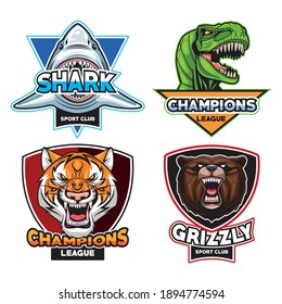 bundle of four wild animals heads and letterings emblems vector illustration design