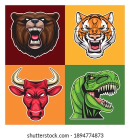 bundle of four wild animals heads characters vector illustration design