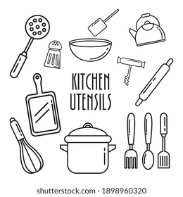 bundle of fourteen kitchen utensils line style icons and lettering vector illustration design