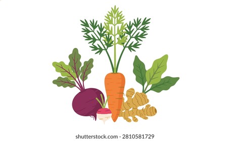 Bundle of fresh garden vegetables including carrot, beetroot, radish, and ginger root.