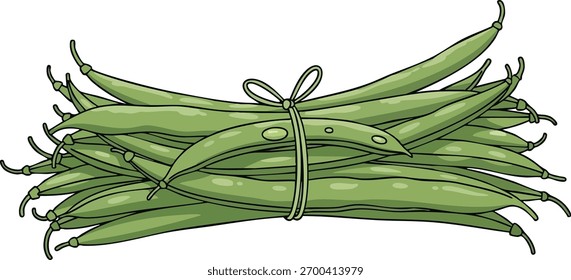 A bundle of fresh, green string beans tied with twine, digitally illustrated