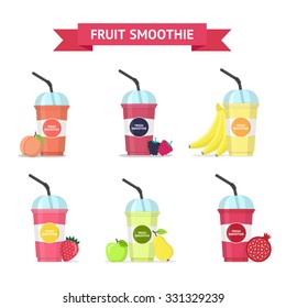 Bundle of Fresh Smoothies Cups with Fruits Icons