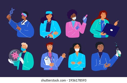 Bundle of friendly doctors wearing coat and scurbs.Set of portraits of male and female medical workers with laptop,vaccine,syringe,medics,paramedics-surgeons,physicians,nurses.Flat Vector illustration