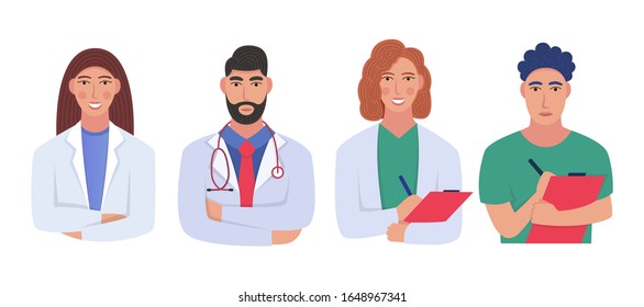 Bundle of friendly doctors wearing white coats and scrubs. Set of portraits of male and female medical workers, medics and paramedics - surgeons, physicians, nurses. Flat vector illustration.