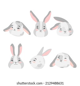 Bundle of funny bunny faces isolated on white background. Set of cute Easter rabbits or hares, forest animals. Flat cartoon colorful vector illustration