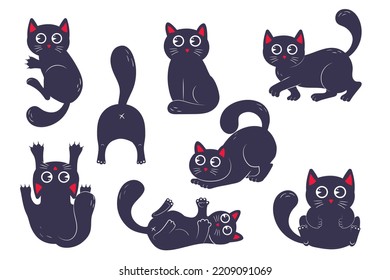bundle of funny kawaii black cats in various poses in flat style isolated on white background