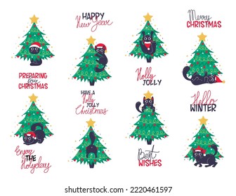 bundle of funny kawaii cats playing and climbing a decorated christmas trees and new year slogans lettering in flat style isolated on white background