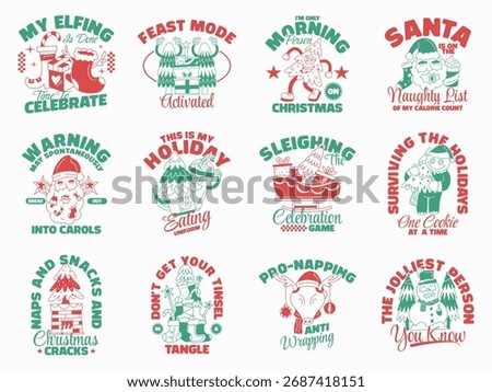 Bundle of funny retro Christmas t-shirt designs, Humorous vintage holiday POD graphic pack, Set of Christmas mood quote sublimation files, Festive cartoon Santa and elf apparel prints