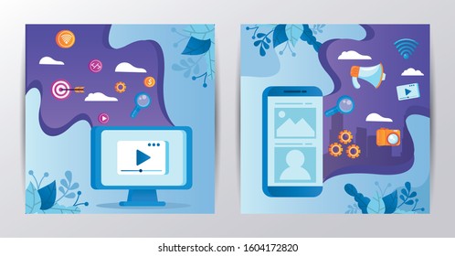 bundle of gadgets with social media marketing icons vector illustration design