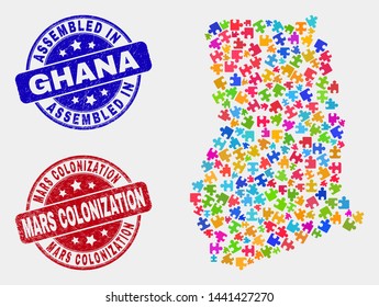 Bundle Ghana map and blue Assembled seal stamp, and Mars Colonization grunge stamp. Colorful vector Ghana map mosaic of bundle units. Red rounded Mars Colonization seal.