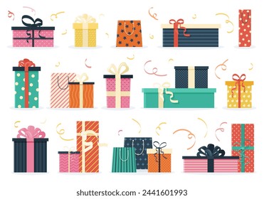 Bundle of gift boxes. Festive boxes in various shapes, patterns, with bows and ribbons. Isolated vector illustrations on white for happy birthday, wedding, Valentine's Day, and New Year designs.
