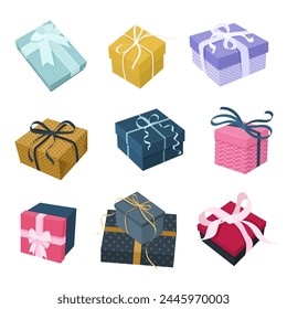 Bundle of gift boxes. Festive boxes in various shapes, patterns, with bows and ribbons. Isolated vector illustrations on white for happy birthday, wedding, Valentine's Day, Christmas, New Year designs