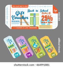 Bundle of gift voucher with additional elements vector illustration to increase the sales with checkered background.