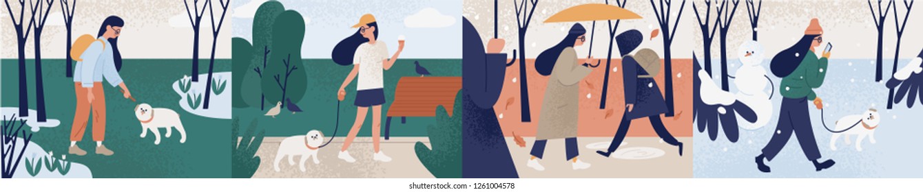 Bundle of girl walking alone or with her dog during different seasons. Set of young woman performing outdoor activities at spring, summer, autumn, winter. Colorful vector illustration in flat style.